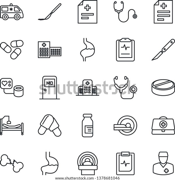 Thin Line Icon Set - medical room vector,
doctor case, diagnosis, stethoscope, blood pressure, pills,
ampoule, scalpel, tomography, ambulance car, hospital bed, stomach,
broken bone, pulse
clipboard