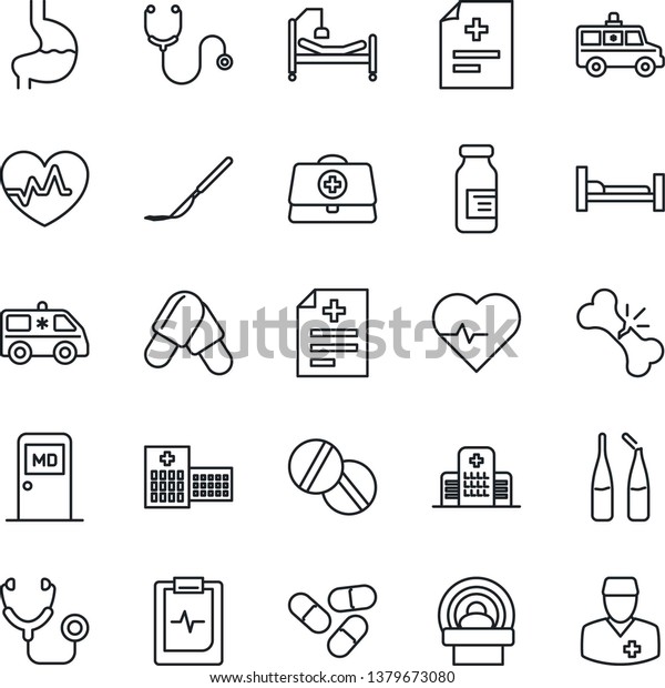 Thin Line Icon Set - medical room vector, heart\
pulse, doctor case, diagnosis, stethoscope, pills, ampoule,\
scalpel, tomography, ambulance car, hospital bed, stomach, broken\
bone, clipboard
