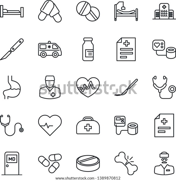 Thin\
Line Icon Set - medical room vector, heart pulse, doctor case,\
diagnosis, stethoscope, blood pressure, pills, ampoule, scalpel,\
ambulance car, hospital bed, stomach, broken\
bone