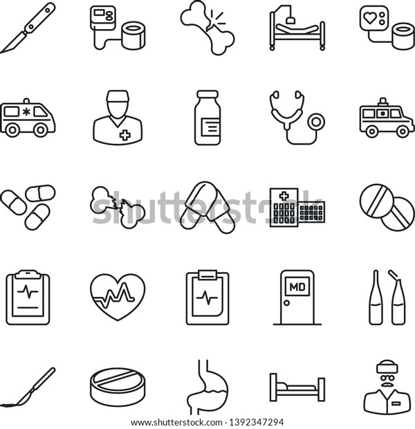 Thin Line\
Icon Set - medical room vector, heart pulse, stethoscope, blood\
pressure, pills, ampoule, scalpel, ambulance car, hospital bed,\
stomach, broken bone, clipboard,\
doctor