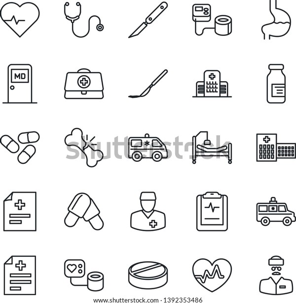 Thin Line Icon Set - medical room vector, heart\
pulse, doctor case, diagnosis, stethoscope, blood pressure, pills,\
ampoule, scalpel, ambulance car, hospital bed, stomach, broken\
bone, clipboard