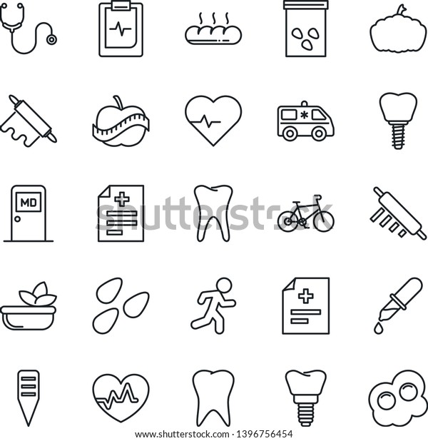 Thin Line Icon Set - medical room vector, plant
label, pumpkin, seeds, heart pulse, diagnosis, stethoscope,
dropper, ambulance car, bike, run, tooth, implant, clipboard, diet,
salad, bread, omelette