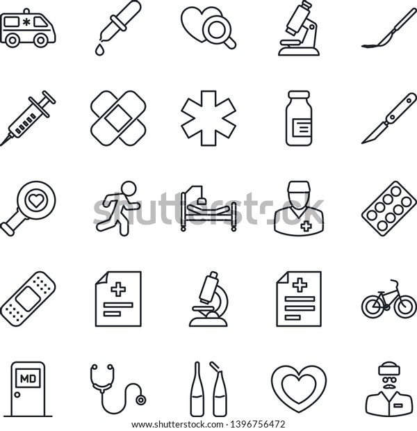 Thin Line Icon Set - medical room vector, heart,\
diagnosis, stethoscope, syringe, dropper, diagnostic, microscope,\
pills blister, ampoule, scalpel, patch, ambulance star, car, bike,\
run, doctor