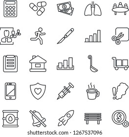 Thin Line Icon Set - meeting vector, bench, syringe, pills, scalpel, run, heart shield, lungs, cash, clipboard, cargo, sorting, oil barrel, cell phone, mute, cut, coffee, bar graph, hr, calculator