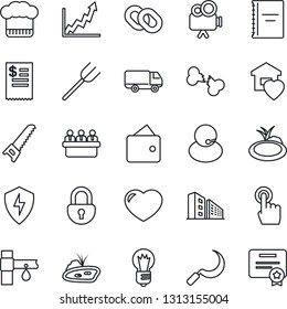 Thin Line Icon Set - meeting vector, bulb, farm fork, saw, sickle, pond, drip irrigation, broken bone, support, car delivery, video camera, touch screen, chain, heart, protect, lock, copybook