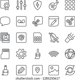Thin Line Icon Set - menu vector, message, gallery, protect, settings, tuning, themes, record, sd, sim, network, notes, wireless, torch, mute, cut, place tag, fingerprint id, music, photo, update