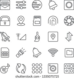 Thin Line Icon Set - menu vector, update, mobile camera, tuning, themes, bell, mail, record, sd, sim, network, folder, data exchange, wireless, torch, mute, place tag, lock, fingerprint id, music