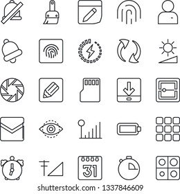 Thin Line Icon Set - menu vector, update, mobile camera, themes, user, alarm, stopwatch, bell, mail, scanner, sd, calendar, notes, download, mute, brightness, eye id, fingerprint, cellular signal