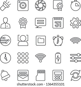 Thin Line Icon Set - menu vector, message, mobile camera, settings, tuning, user, calculator, clock, alarm, stopwatch, bell, mail, sd, network, folder, calendar, wireless, torch, face id, charge