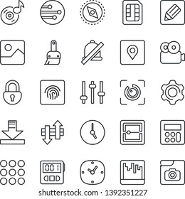 Thin Line Icon Set - menu vector, gallery, settings, tuning, themes, calculator, clock, stopwatch, scanner, sim, network, notes, data exchange, download, mute, place tag, compass, lock, eye id