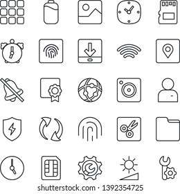 Thin Line Icon Set - menu vector, update, mobile camera, gallery, protect, user, clock, alarm, sd, sim, network, folder, download, wireless, mute, brightness, cut, place tag, fingerprint id, battery
