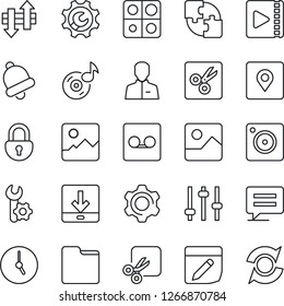 Thin Line Icon Set - message vector, mobile camera, gallery, settings, tuning, user, clock, bell, record, folder, notes, data exchange, download, cut, place tag, lock, music, video, application