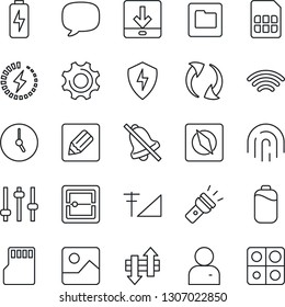 Thin Line Icon Set - message vector, update, gallery, protect, settings, tuning, user, clock, scanner, sd, sim, folder, notes, data exchange, download, wireless, torch, mute, compass, fingerprint id