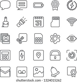 Thin Line Icon Set - message vector, gallery, settings, themes, calculator, bell, mail, record, sd, sim, calendar, wireless, torch, cut, place tag, lock, eye id, photo, battery, charge, sertificate