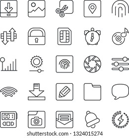 Thin Line Icon Set - message vector, mobile camera, gallery, tuning, alarm, stopwatch, bell, mail, sim, folder, notes, data exchange, download, wireless, brightness, cut, place tag, lock, music
