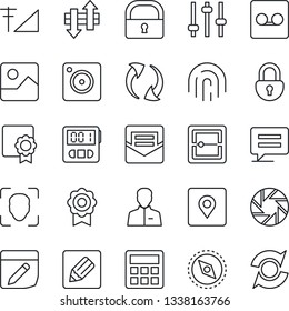 Thin Line Icon Set - message vector, update, mobile camera, gallery, tuning, user, calculator, stopwatch, mail, record, scanner, notes, data exchange, place tag, compass, lock, face id, fingerprint