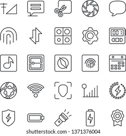 Thin Line Icon Set - message vector, mobile camera, protect, settings, stopwatch, scanner, network, calendar, data exchange, wireless, torch, cut, compass, face id, fingerprint, music, battery