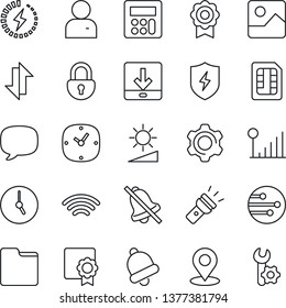 Thin Line Icon Set - message vector, gallery, protect, settings, user, calculator, clock, bell, sim, network, folder, data exchange, download, wireless, torch, mute, brightness, place tag, lock