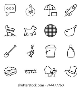 thin line icon set : message, rocket, insurance, aquapark, dog, sieve, chicken leg, shovel, goose, foam bucket, cleanser, sponge with, drying clothe, garden cleaning, floor washing