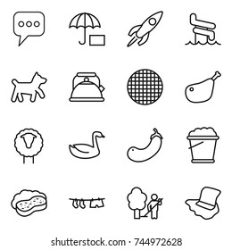 thin line icon set : message, insurance, rocket, aquapark, dog, kettle, sieve, chicken leg, sheep, goose, eggplant, foam bucket, sponge with, drying clothe, garden cleaning, floor washing