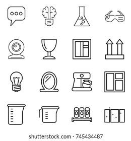 thin line icon set : message, bulb brain, flask, smart glasses, web cam, wineglass, window, cargo top sign, mirror, coffee maker, measuring cup, spices, clean