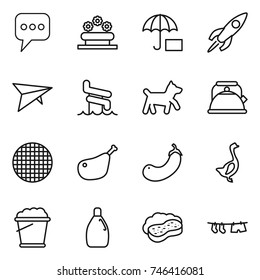 thin line icon set : message, flower bed, insurance, rocket, deltaplane, aquapark, dog, kettle, sieve, chicken leg, eggplant, goose, foam bucket, cleanser, sponge with, drying clothe