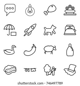 thin line icon set : message, rocket, chicken leg, flower bed, insurance, dog, kettle, goose, eggplant, sheep, cleanser, sponge with foam, drying clothe, garden cleaning, floor washing