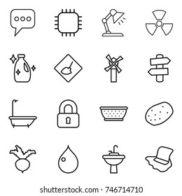 thin line icon set : message, chip, table lamp, nuclear, cleanser, under construction, windmill, signpost, bath, locked, colander, potato, beet, drop, water tap sink, floor washing