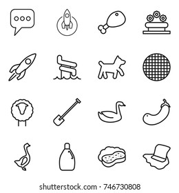 thin line icon set : message, rocket, chicken leg, flower bed, aquapark, dog, sieve, sheep, shovel, goose, eggplant, cleanser, sponge with foam, floor washing