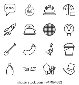 thin line icon set : message, rocket, flower bed, insurance, kettle, sieve, sheep, shovel, eggplant, goose, foam bucket, cleanser, drying clothe, garden cleaning, floor washing