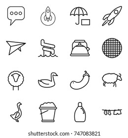 thin line icon set : message, rocket, insurance, deltaplane, aquapark, kettle, sieve, sheep, goose, eggplant, foam bucket, cleanser, drying clothe
