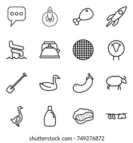thin line icon set : message, rocket, chicken leg, aquapark, kettle, sieve, sheep, shovel, goose, eggplant, cleanser, sponge with foam, drying clothe
