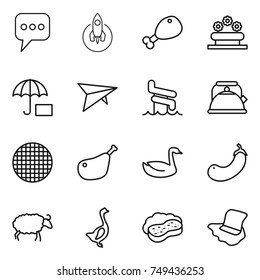 thin line icon set : message, rocket, chicken leg, flower bed, insurance, deltaplane, aquapark, kettle, sieve, goose, eggplant, sheep, sponge with foam, floor washing