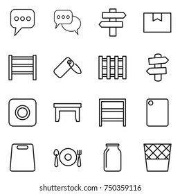 thin line icon set : message, discussion, singlepost, package box, rack, label, pallet, signpost, ring button, table, cutting board, fork spoon plate, bank, trash bin