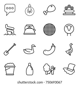 thin line icon set : message, rocket, chicken leg, flower bed, aquapark, kettle, sieve, sheep, shovel, goose, eggplant, foam bucket, cleanser, garden cleaning, floor washing
