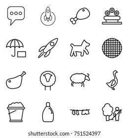 thin line icon set : message, rocket, chicken leg, flower bed, insurance, dog, sieve, sheep, goose, foam bucket, cleanser, drying clothe, garden cleaning