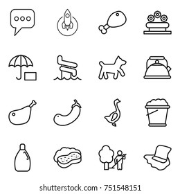 thin line icon set : message, rocket, chicken leg, flower bed, insurance, aquapark, dog, kettle, eggplant, goose, foam bucket, cleanser, sponge with, garden cleaning, floor washing