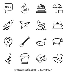 thin line icon set : message, rocket, flower bed, insurance, deltaplane, aquapark, kettle, sheep, shovel, goose, foam bucket, sponge with, floor washing