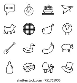 thin line icon set : message, rocket, flower bed, deltaplane, dog, sieve, chicken leg, sheep, shovel, goose, eggplant, cleanser, sponge with foam, garden cleaning, floor washing
