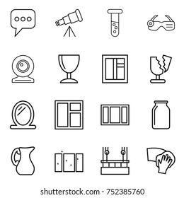 thin line icon set : message, telescope, vial, smart glasses, web cam, wineglass, window, broken, mirror, bank, jug, clean, skysrcapers cleaning, wiping thin line icon set : message, telescope, vial, smart glasses, web cam, wineglass, window, broken, mirror, bank, jug, clean, skysrcapers cleaning, wiping