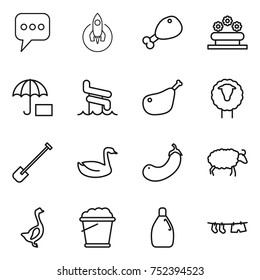 thin line icon set : message, rocket, chicken leg, flower bed, insurance, aquapark, sheep, shovel, goose, eggplant, foam bucket, cleanser, drying clothe