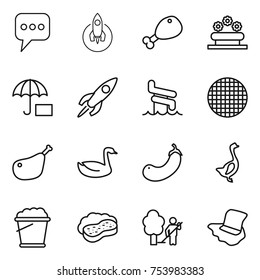 thin line icon set : message, rocket, chicken leg, flower bed, aquapark, sieve, goose, eggplant, foam bucket, sponge with, garden cleaning, floor washing