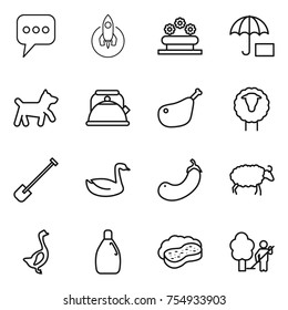 thin line icon set : message, rocket, flower bed, dog, kettle, chicken leg, sheep, shovel, goose, eggplant, cleanser, sponge with foam, garden cleaning