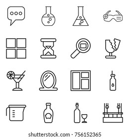 Thin line icon set : message, round flask, smart glasses, window, sand clock, cargo search, broken, cocktail, mirror, vegetable oil, measuring cup, ketchup, wine, skysrcapers cleaning