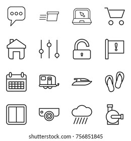 Thin line icon set : message, delivery, notebook, cart, home, equalizer, unlock, important flag, calendar, trailer, yacht, flip flops, power switch, surveillance camera, rain cloud, water pump