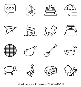 Thin line icon set : message, rocket, flower bed, insurance, deltaplane, aquapark, dog, kettle, sieve, chicken leg, shovel, goose, sheep, sponge with foam, garden cleaning