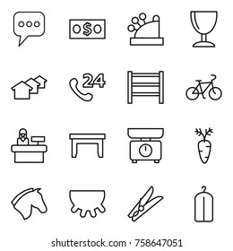 Thin line icon set : message, money, cashbox, wineglass, houses, phone 24, rack, bike, reception, table, kitchen scales, carrot, horse, udder, clothespin, dry wash