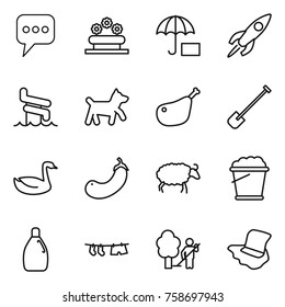 Thin line icon set : message, flower bed, insurance, rocket, aqua park, dog, chicken leg, shovel, goose, eggplant, sheep, foam bucket, cleanser, drying clothe, garden cleaning, floor washing
