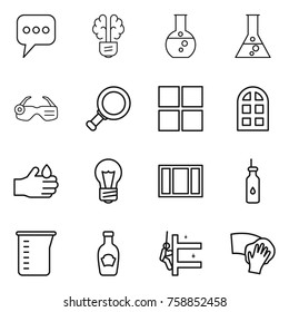 Thin line icon set : message, bulb brain, round flask, smart glasses, magnifier, window, arch, acid, vegetable oil, measuring cup, ketchup, skyscrapers cleaning, wiping