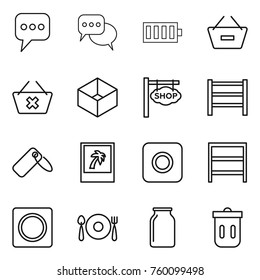Thin line icon set : message, discussion, battery, remove from basket, delete cart, box, shop signboard, rack, label, photo, ring button, fork spoon plate, bank, trash bin
